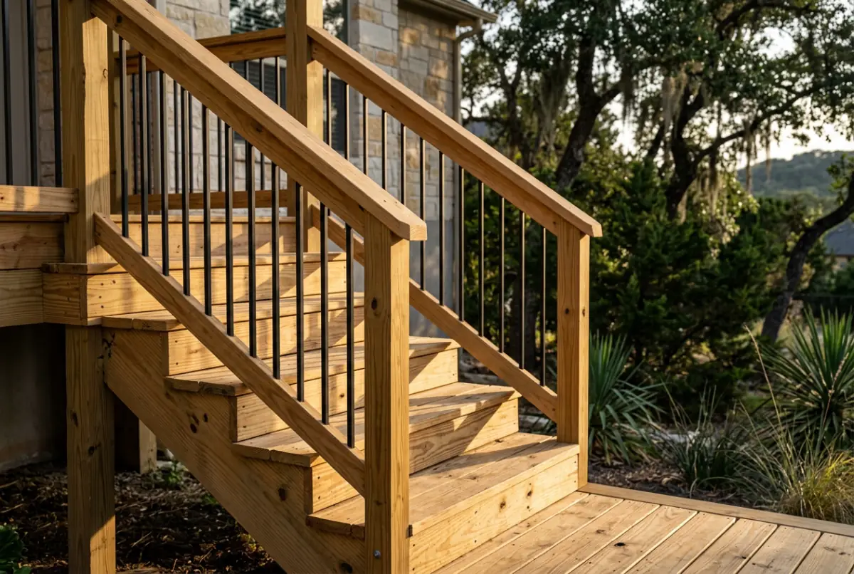 New wood deck and stairs with black metal balusters in a yard with live oaks